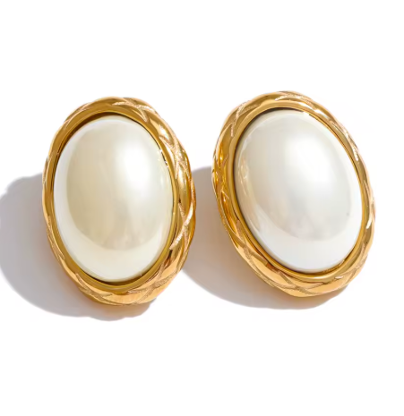 Vintage Oval Pearl Gold Stud Earrings
