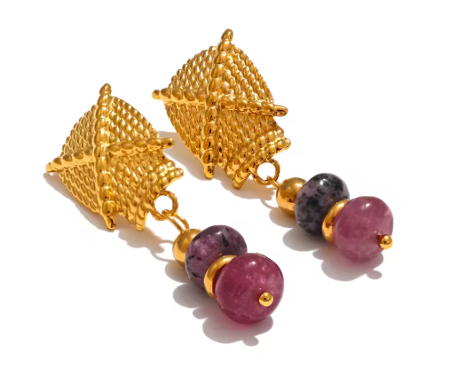Natural Stone Textured Pyramid Drop Earrings