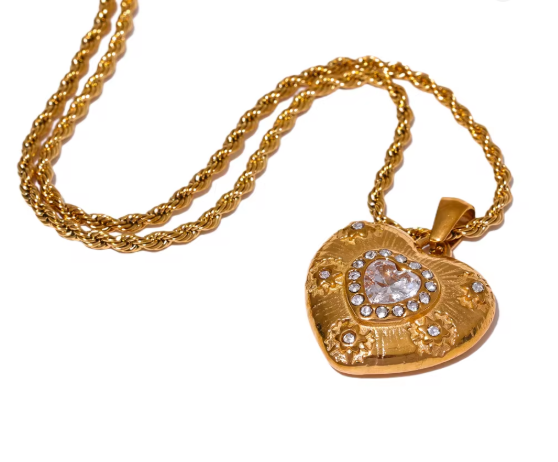 Vintage Heart CZ Statement Pendant Necklace