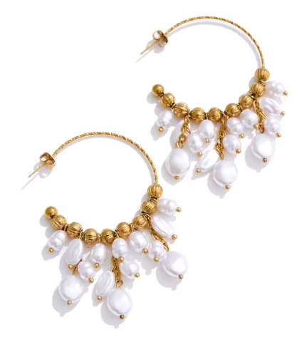 Gold Pearl Fringe Hoop Earrings