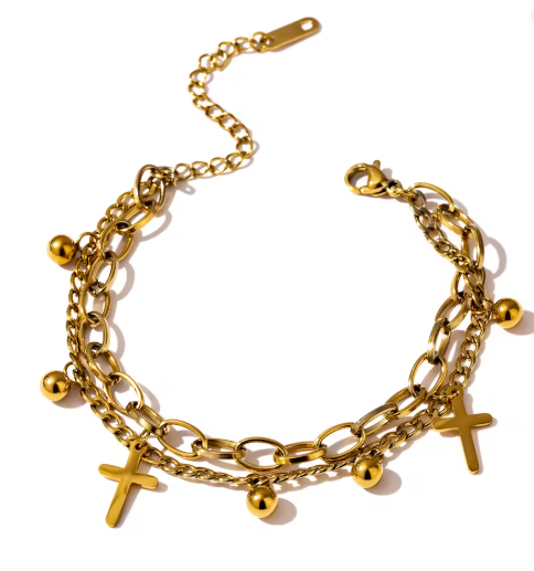 Layered Cross and Ball Charm Statement Bracelet