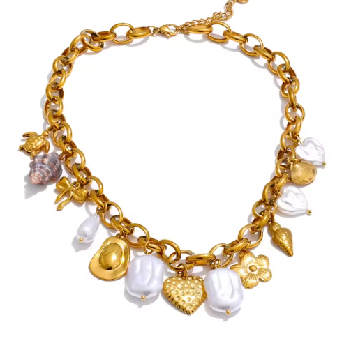 Mixed Shell and Pearl Maximalist Charm Collar Necklace