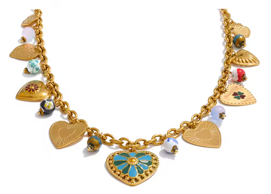 Enamel Heart and Ceramic Bead Maximalist Charm Necklace