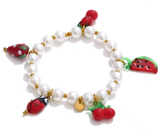 Whimsical Fruit and Ladybug Simulated Pearl Charm Bracelet
