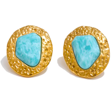 Amazonite Stone Textured Gold Stud Earrings