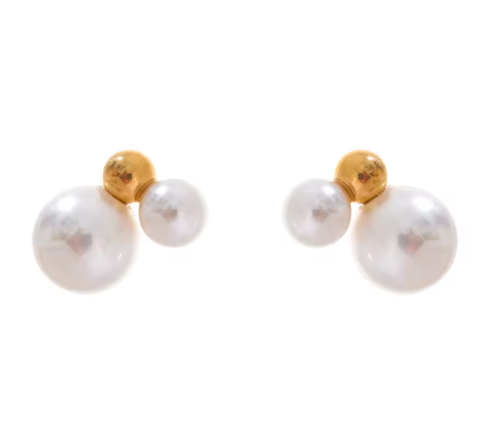 Double Pearl Gold Stud Earrings