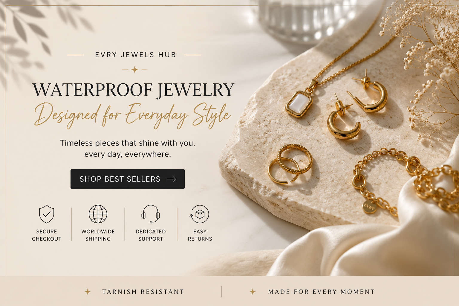 Gold jewelry set on a stone surface with promotional text for Evry Jewels Hub.